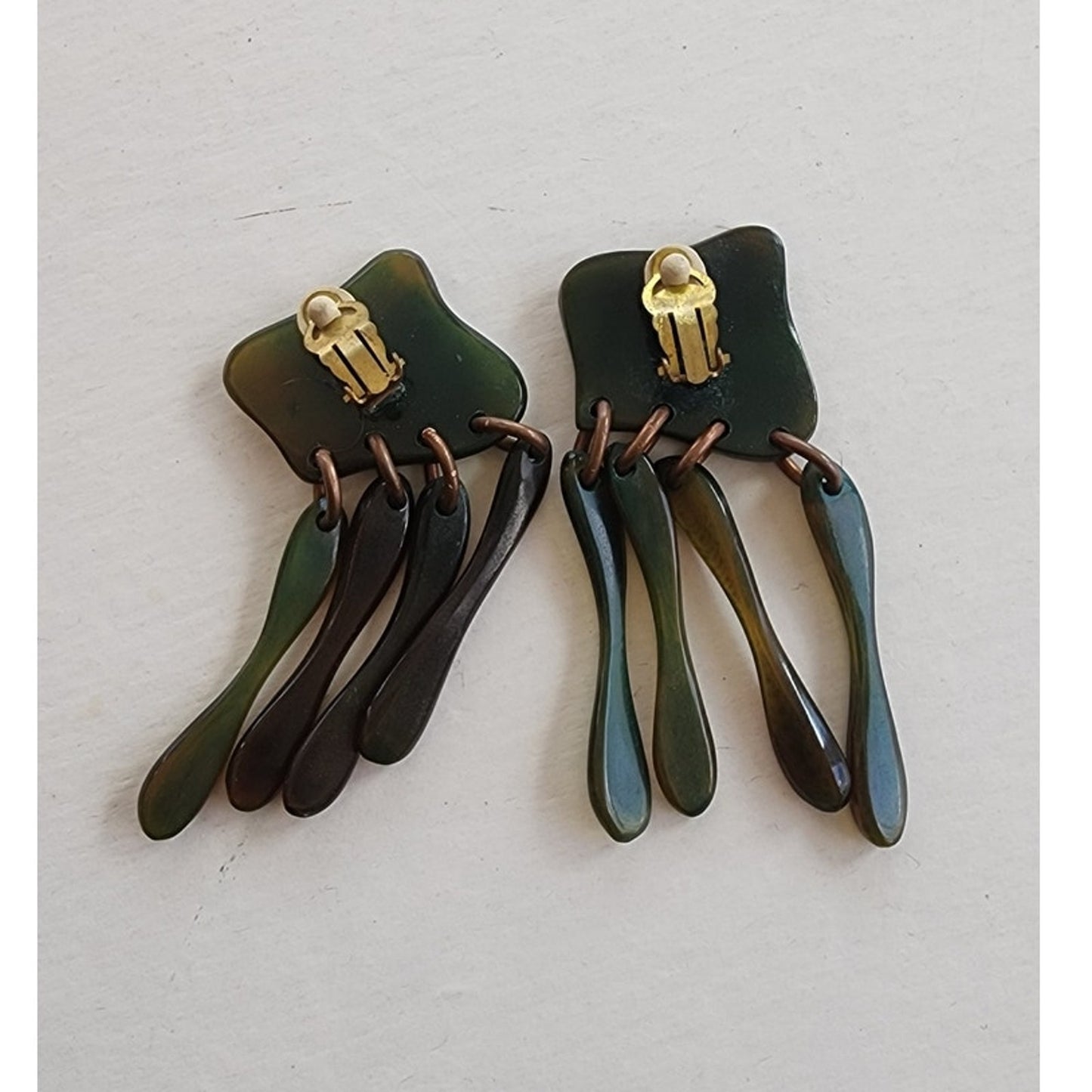 Vintage 60s Dangly Earrings Dark Green Lucite Oversized Clips.
