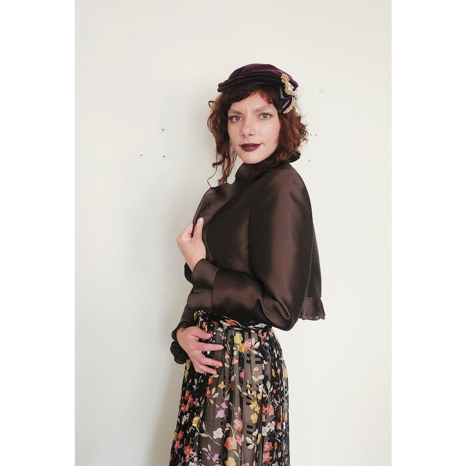 Vintage Brown Jacket Ruffled Trim Wool Silk Frascara M