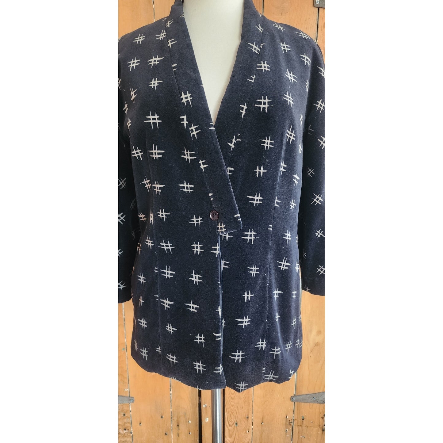 Vintage 80s Armani Blazer Womens Black Velvet Jacket w/ Cream Print / S