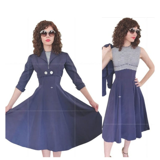 Vintage 1950s Blue Dress Suit Nautical Stripe Cropped Jacket Jerell Jr