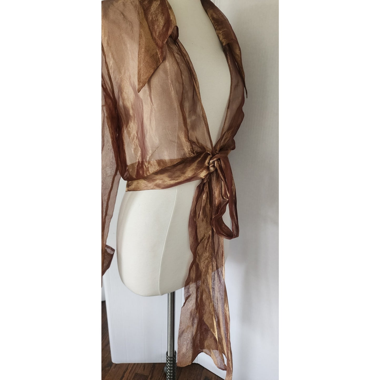 Vintage 90s Sheer Organza Blouse Jacket Copper Brown Sash Tie Belt