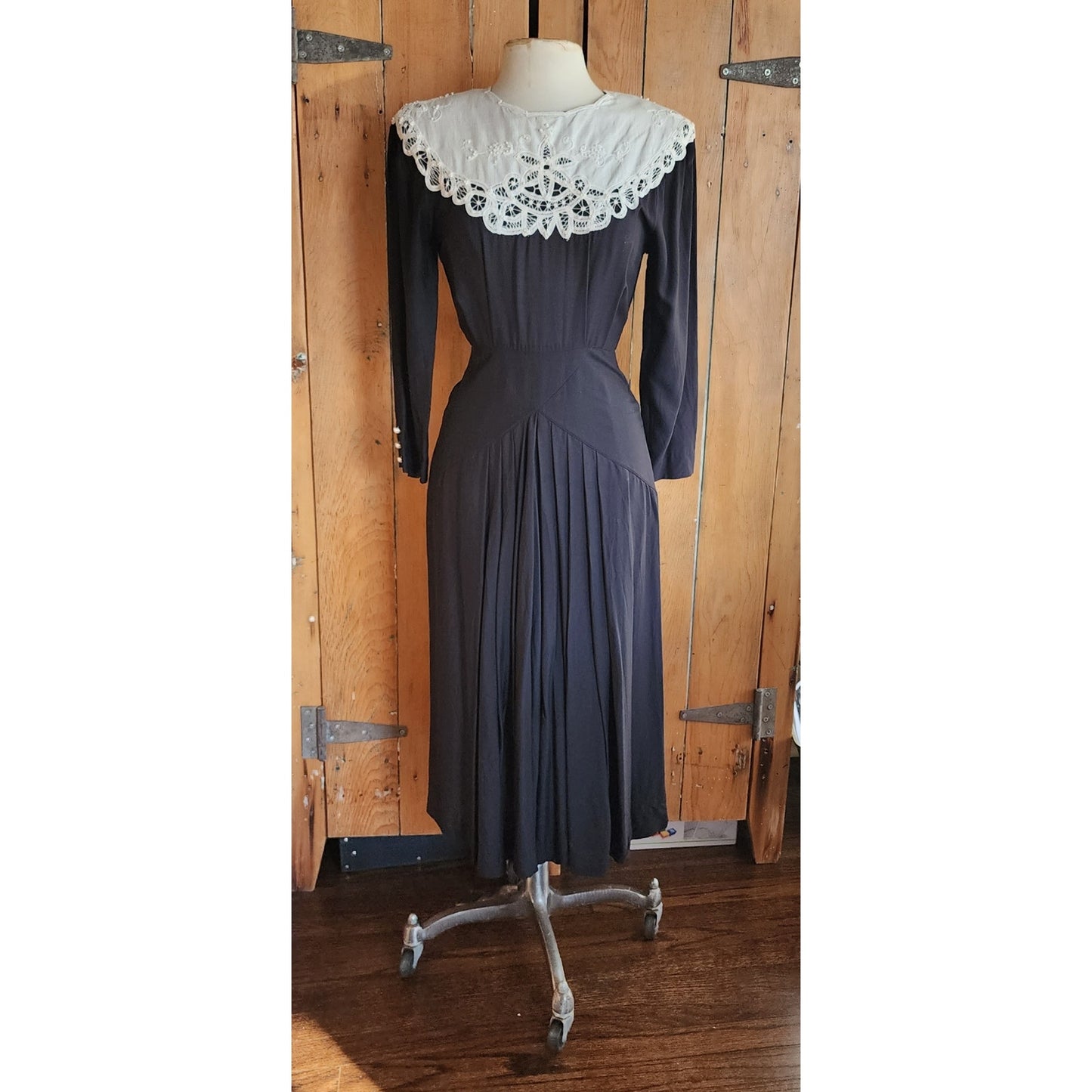 Vintage 80s Black Dress Lace Collar Neo Edwardian