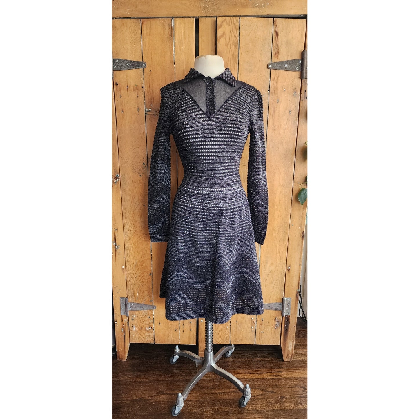 Vintage MISSONI Knit Dress Metallic Black Midi Length Stretchy / S-M