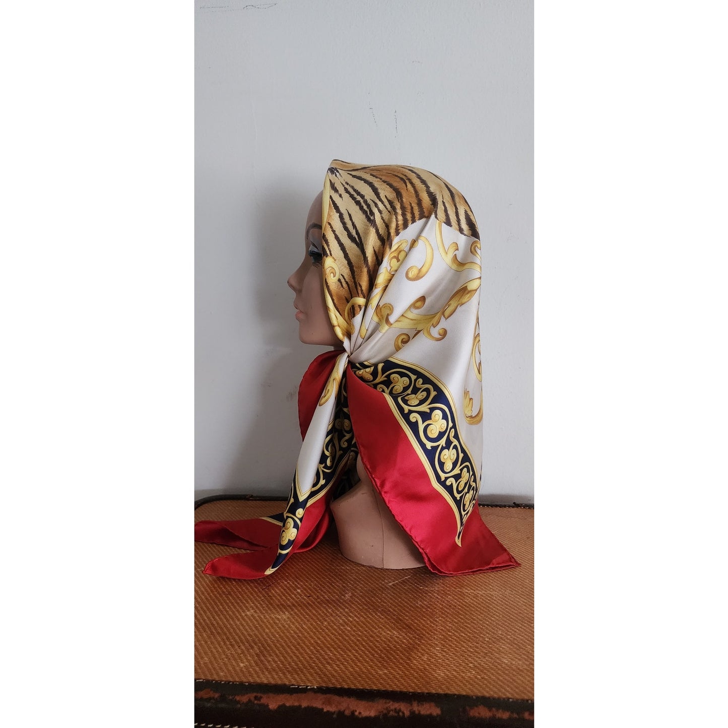 Vintage Ferragamo Silk Scarf Tiger Print Gold Baroque Scroll Print
