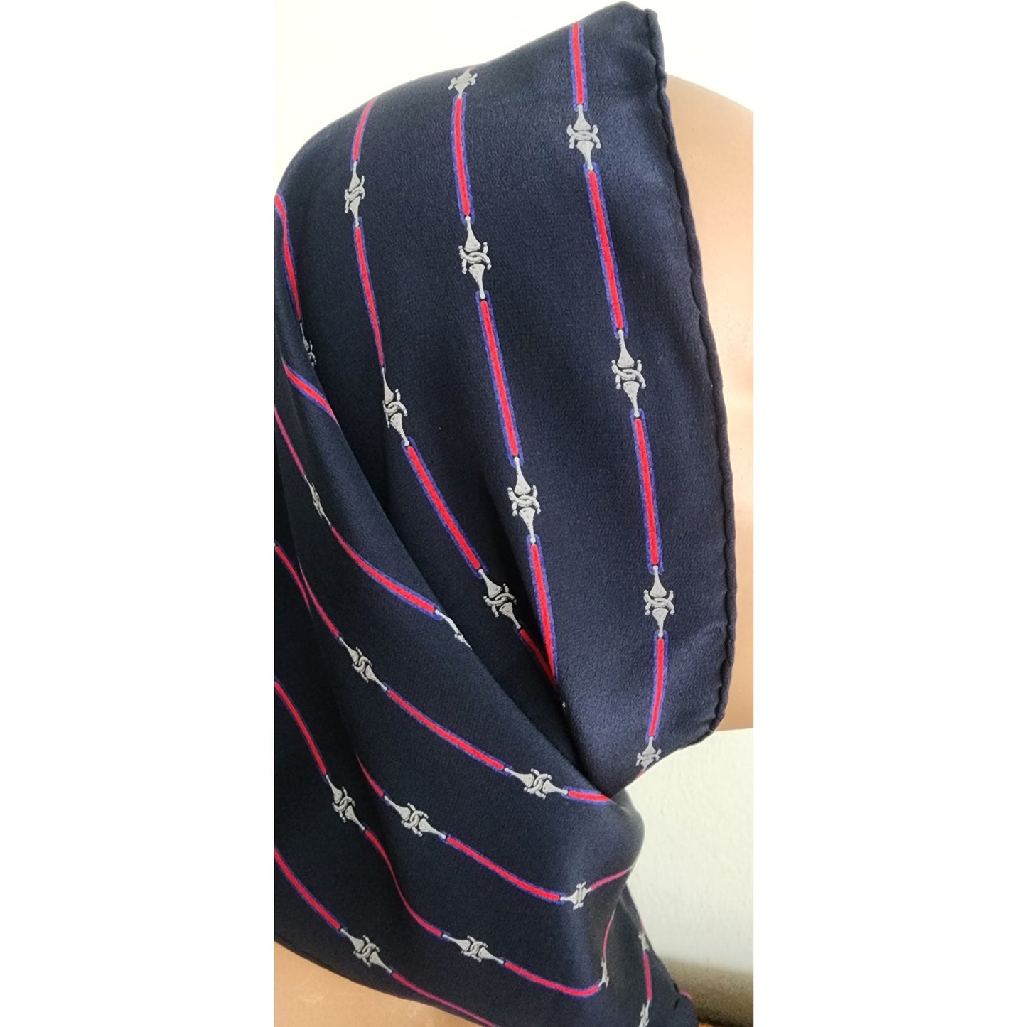 Vintage 70s Gucci Silk Scarf Navy Blue Horsebit Print Rectangular Fringed