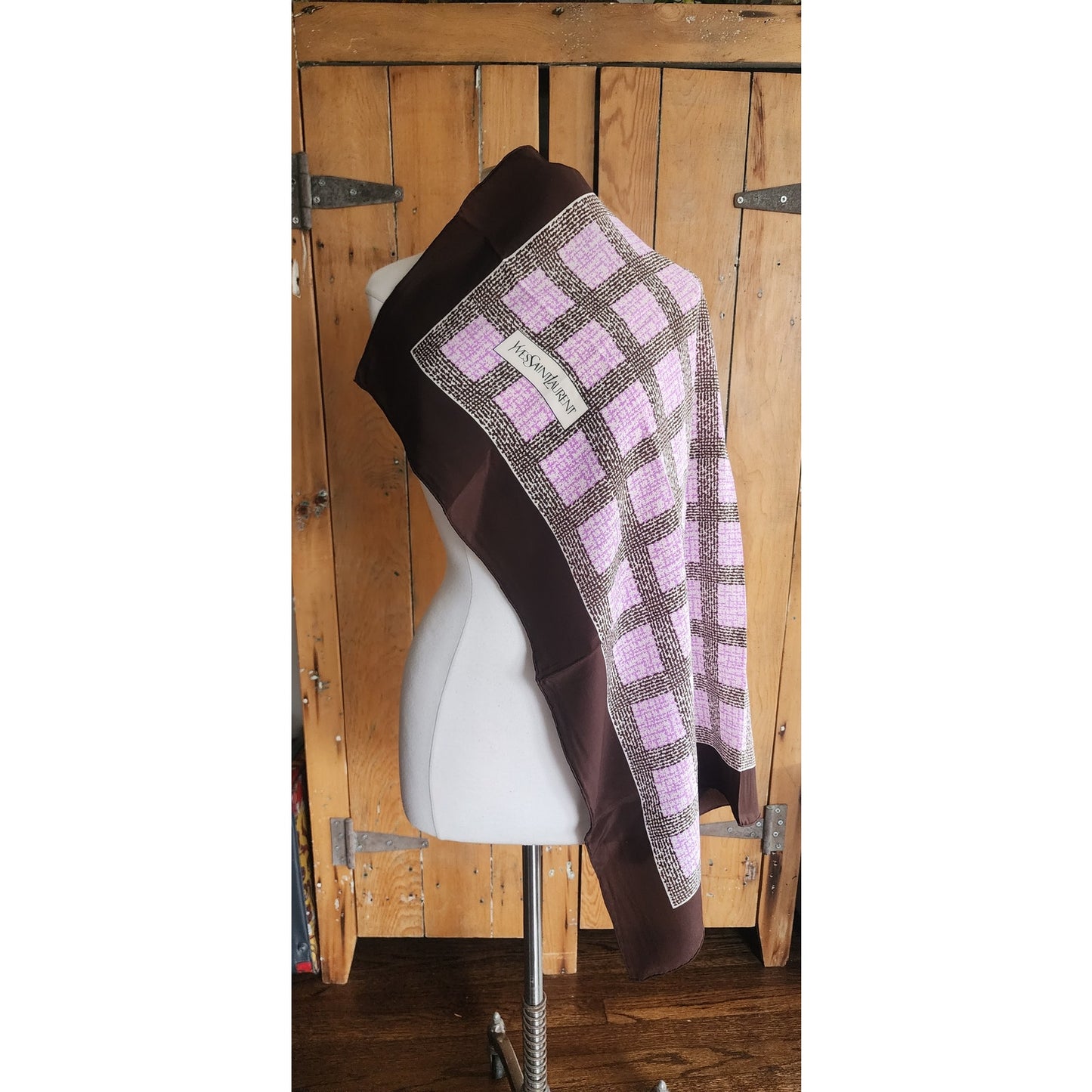 Vintage Yves Saint Laurent Silk Scarf Square Brown Purple Grid Geometric 70s 80s