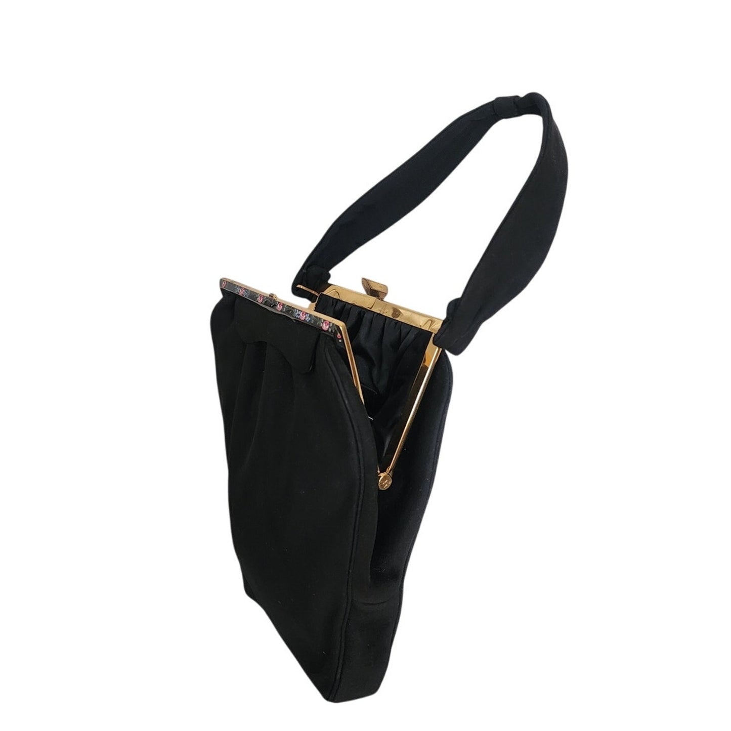 Vintage 40s Rosenfeld Handbag Black Brushed Suede Floral Enamel Frame