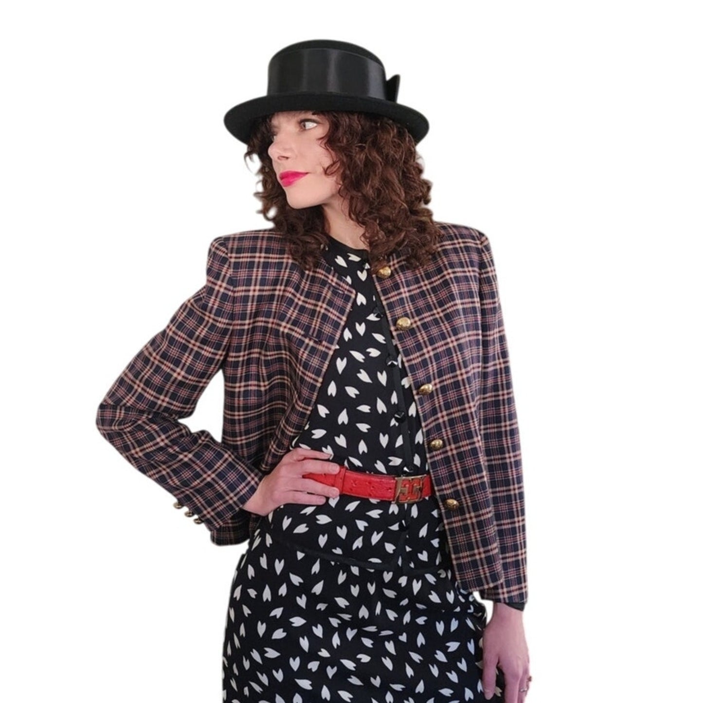 Vintage 80s Jaeger Blazer Navy Blue Brown Plaid Wool Blend