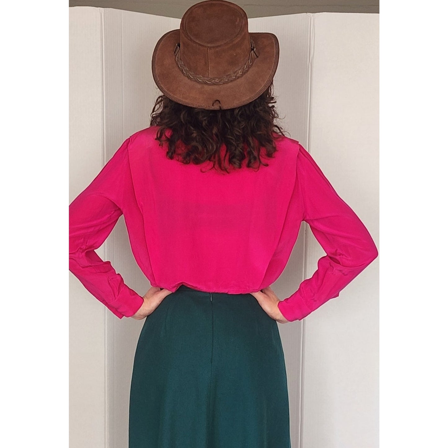 Vintage 80s Fuschia Pink Silk Blouse w/Embroidery Paul Alexander