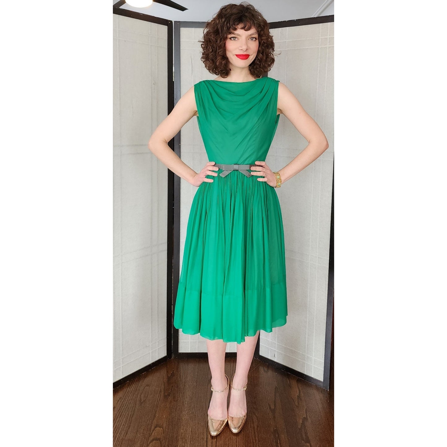 Vintage 50s Green Chiffon Party Dress by L'Aiglon