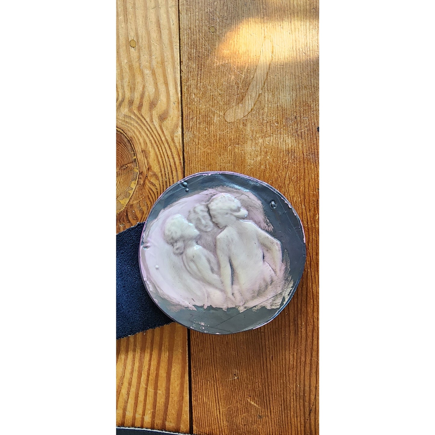 Vintage 70s Blue Suede Belt w/Round Buckle of Three Graces Adjustable