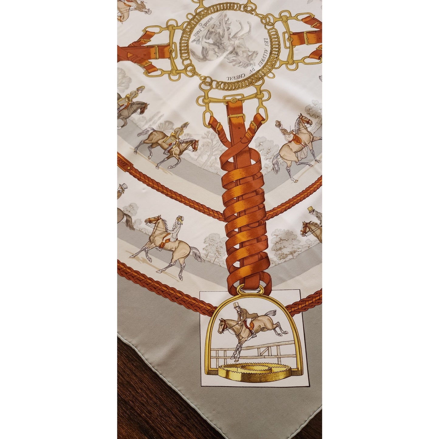 Hermes Silk Scarf "Les Allures de Cheval" by Ledoux Equestrian Horse Print Gray