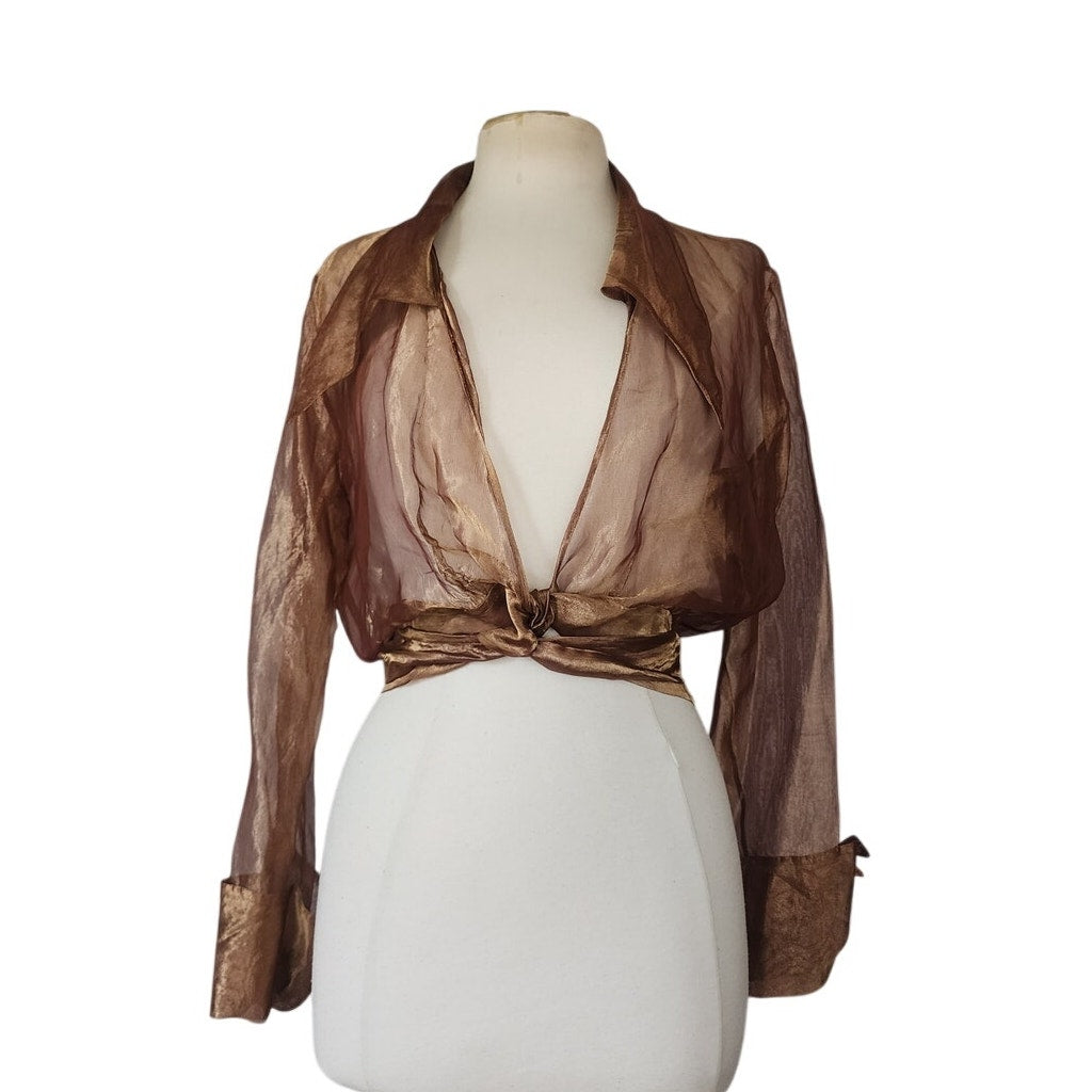 Vintage 90s Sheer Organza Blouse Jacket Copper Brown Sash Tie Belt