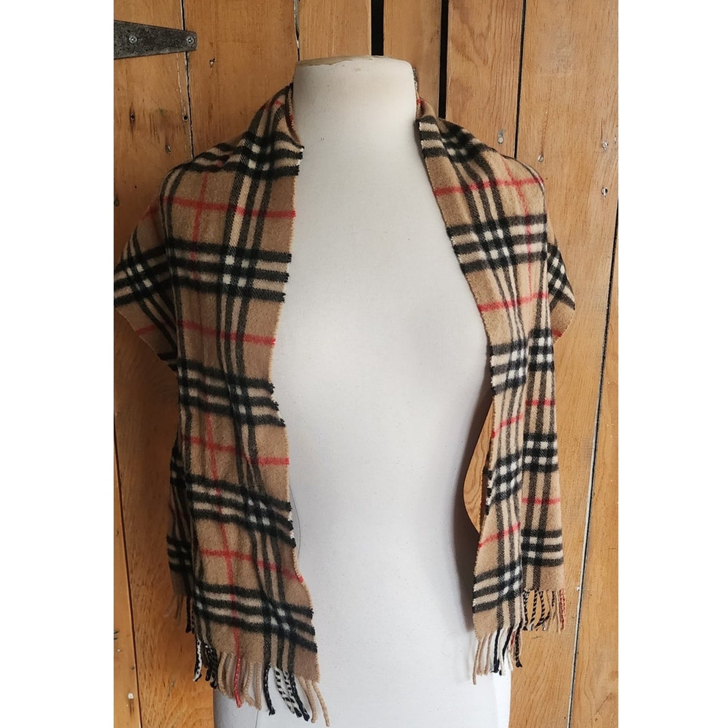Vintage 1980s Burberrys Cashmere Scarf Beige Plaid Nova Check Fringed