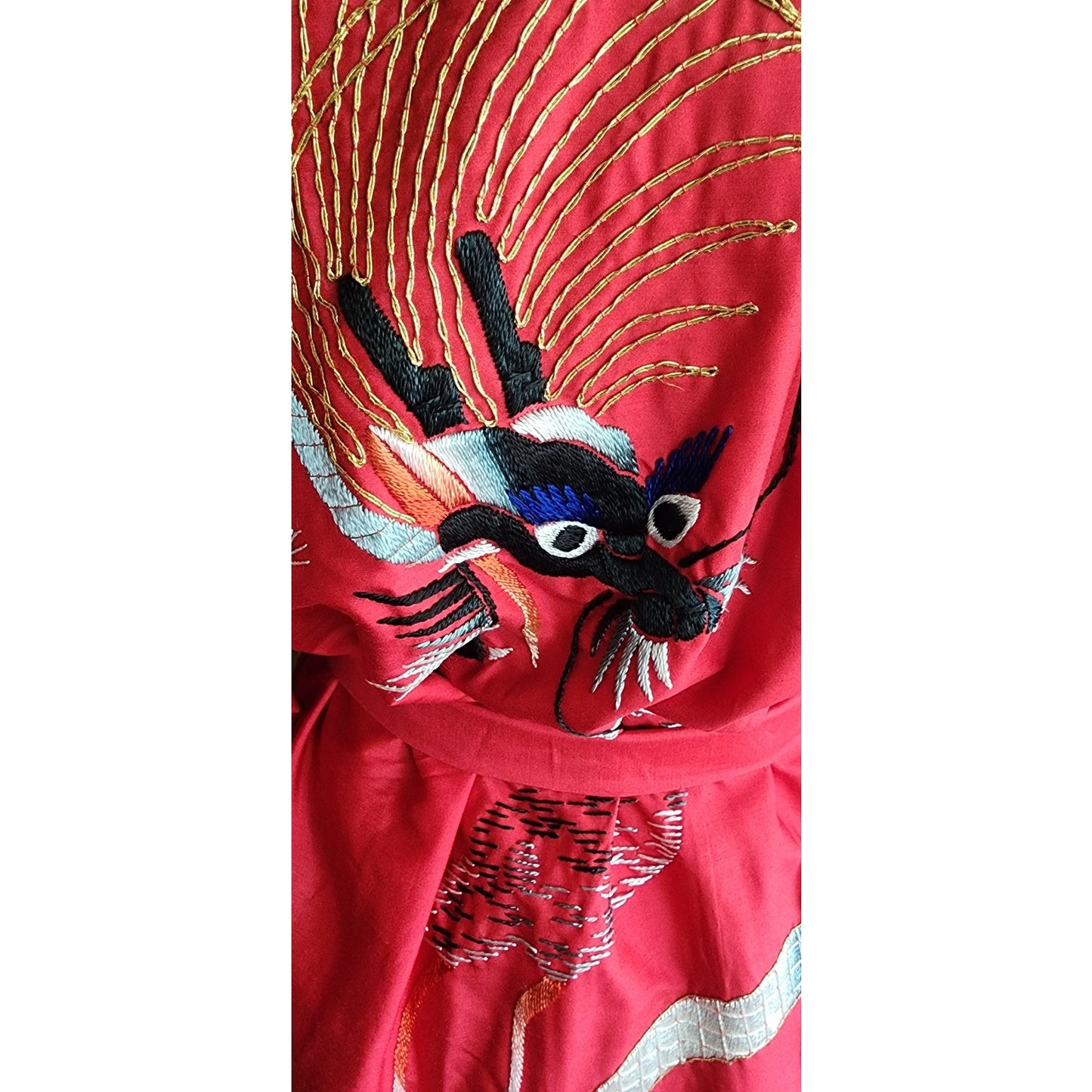 Vintage Japanese Dragon Robe Embroidered Red Silk
