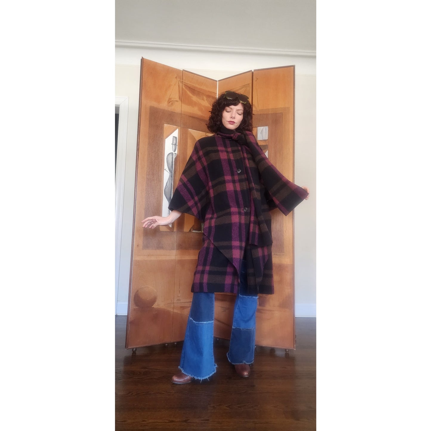 Vintage 1990s Purple Wool Plaid Poncho Cloak Coat Cape w/Scarf