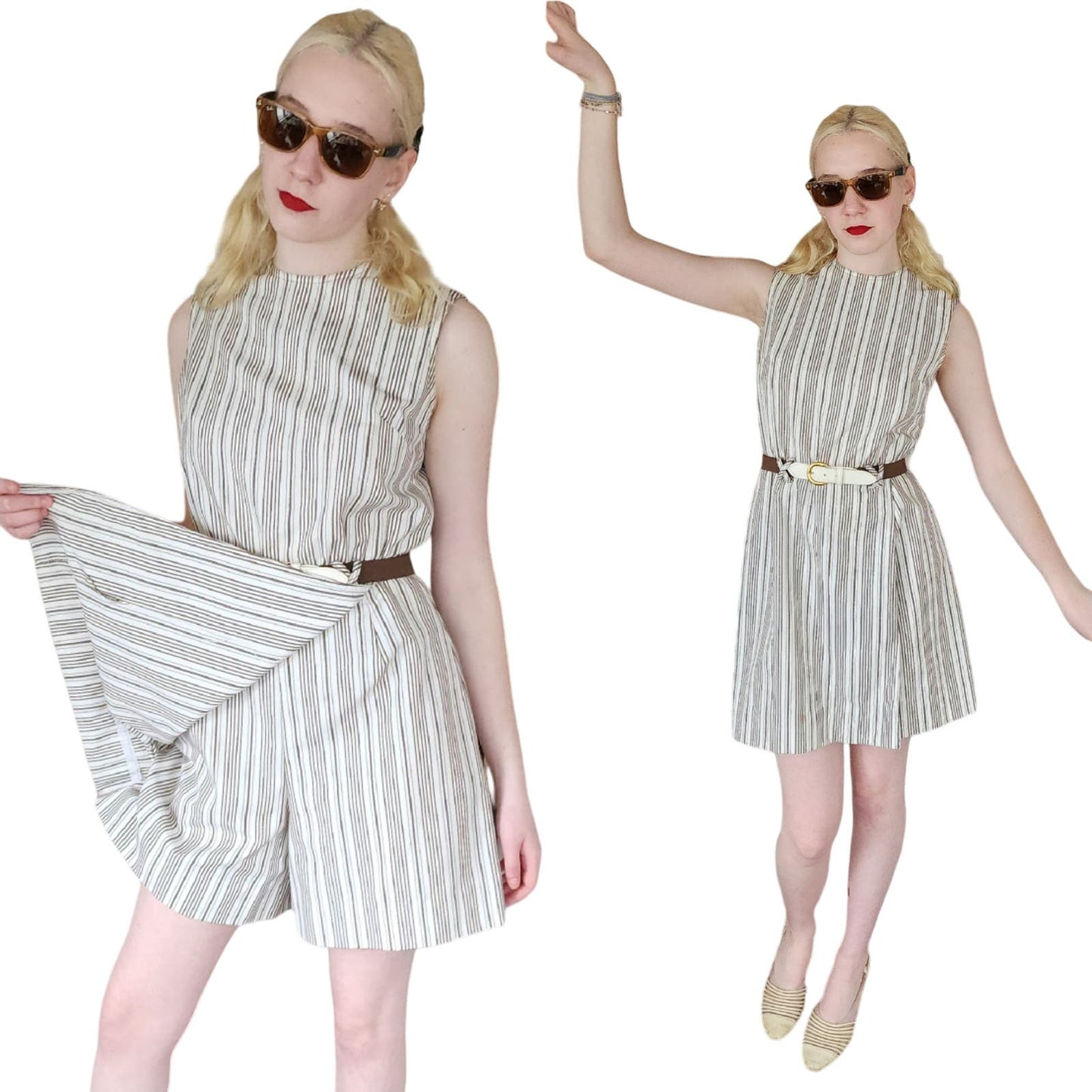 Vintage 60s Striped Romper Beige Black Belted