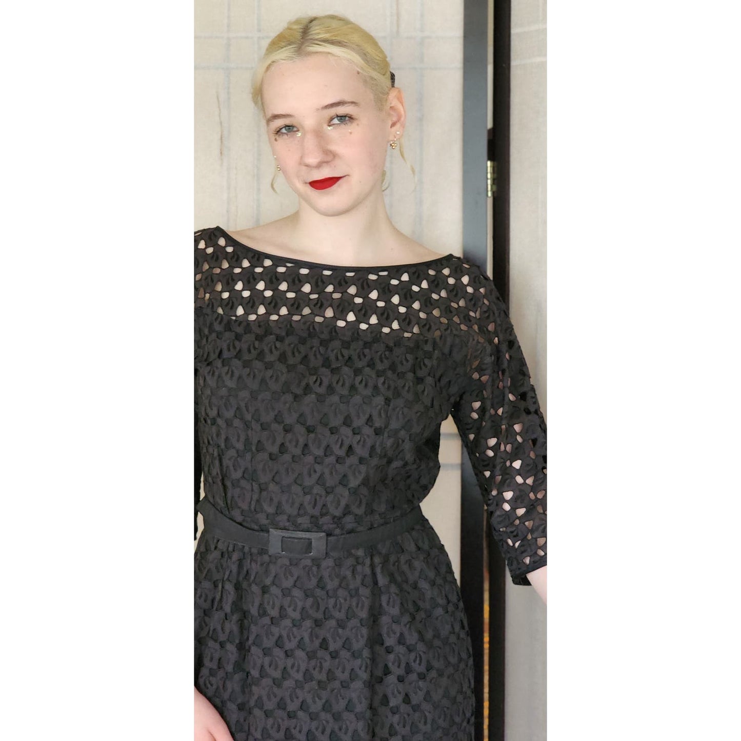 Vintage 50s Black Cocktail Dress Cut Lace Keyhole Back / M