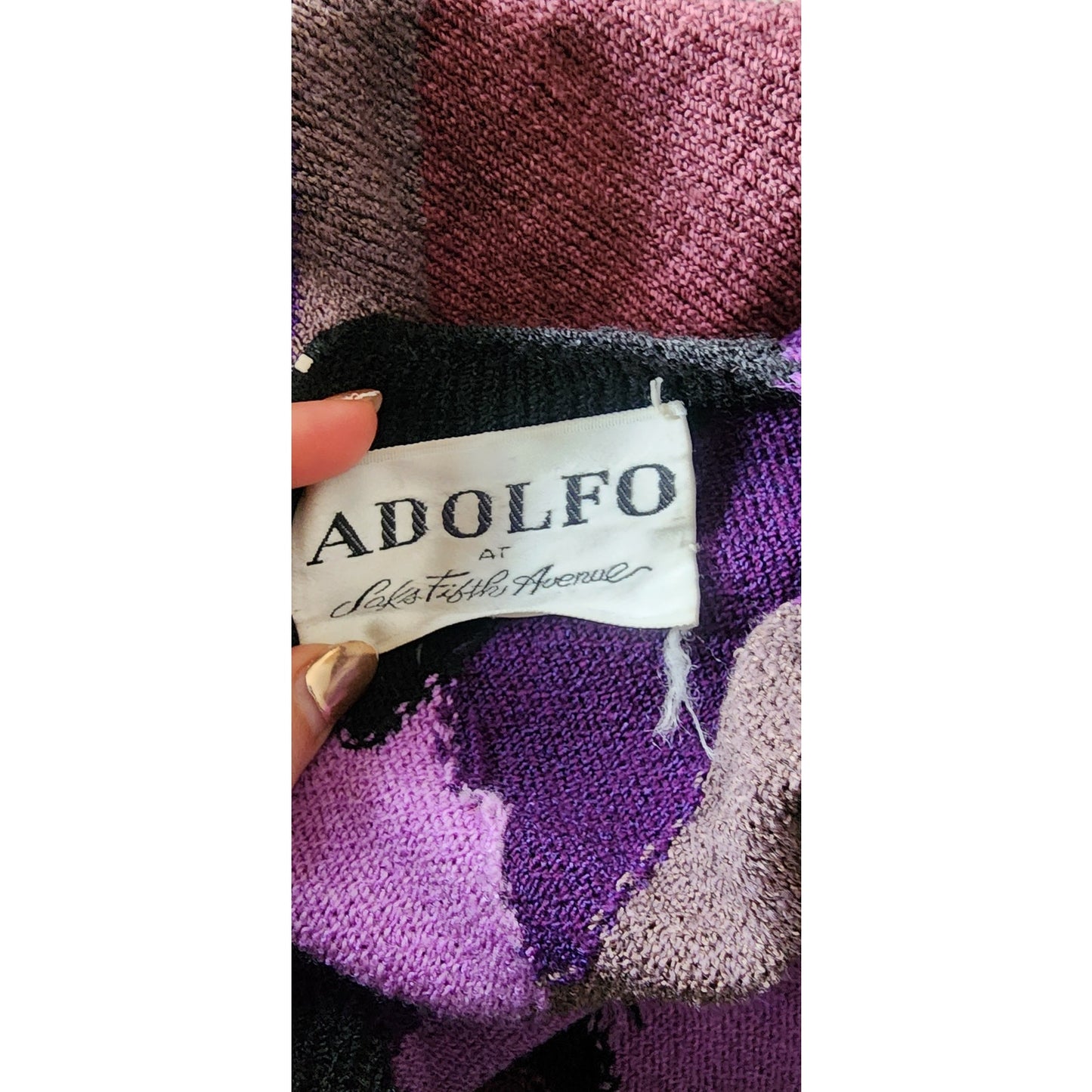 Vintage 1970s Sweater Dress by ADOLFO Saks Fifth Avenue Purple Pink Black Abstract Knit / M