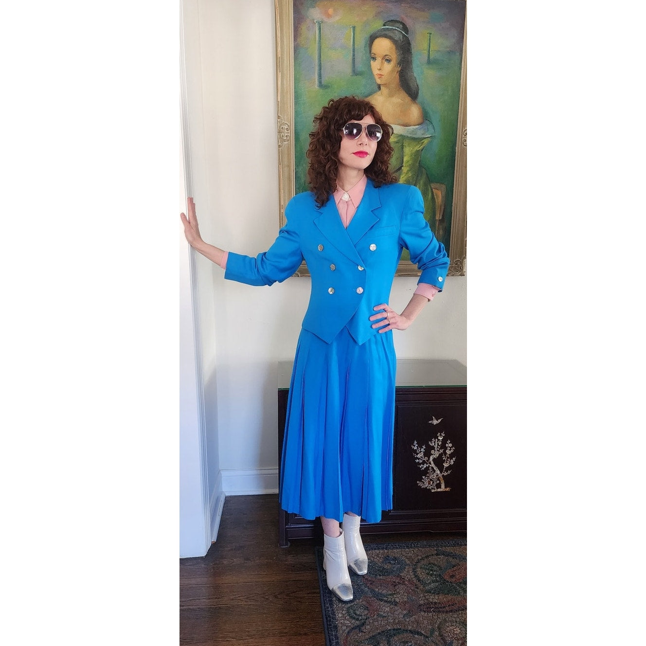 Vintage 80s Christian Dior Skirt Suit Turquoise Blue Wool Pleated Skirt / M