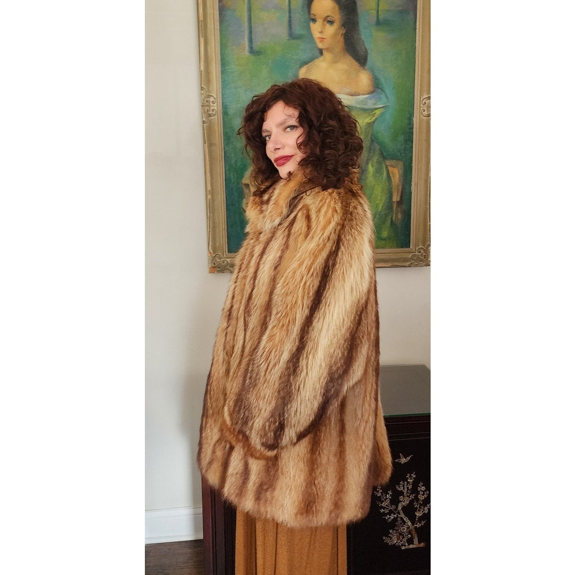 Vintage 70s Fox Fur Coat Hip Length Stripe Pattern / L