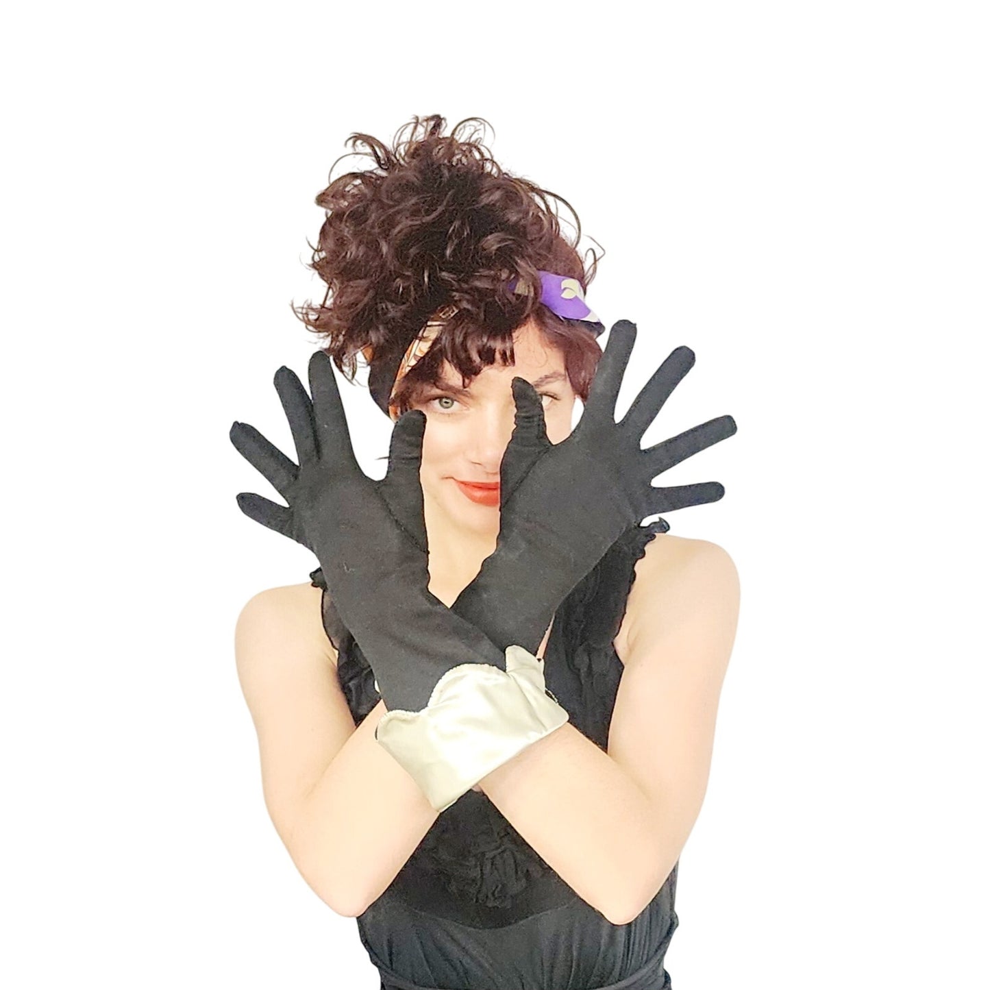 Vintage 40s Evening Gloves Black w/Cream Satin Scallop Edged Cuffs