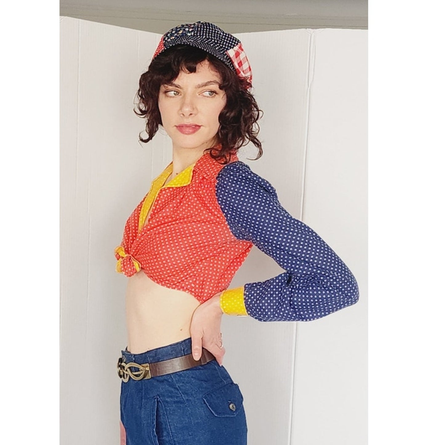 Vintage 70s Crop Top Tie Front Gingham Colorblock Hippie Boho Sweet Baby Jane