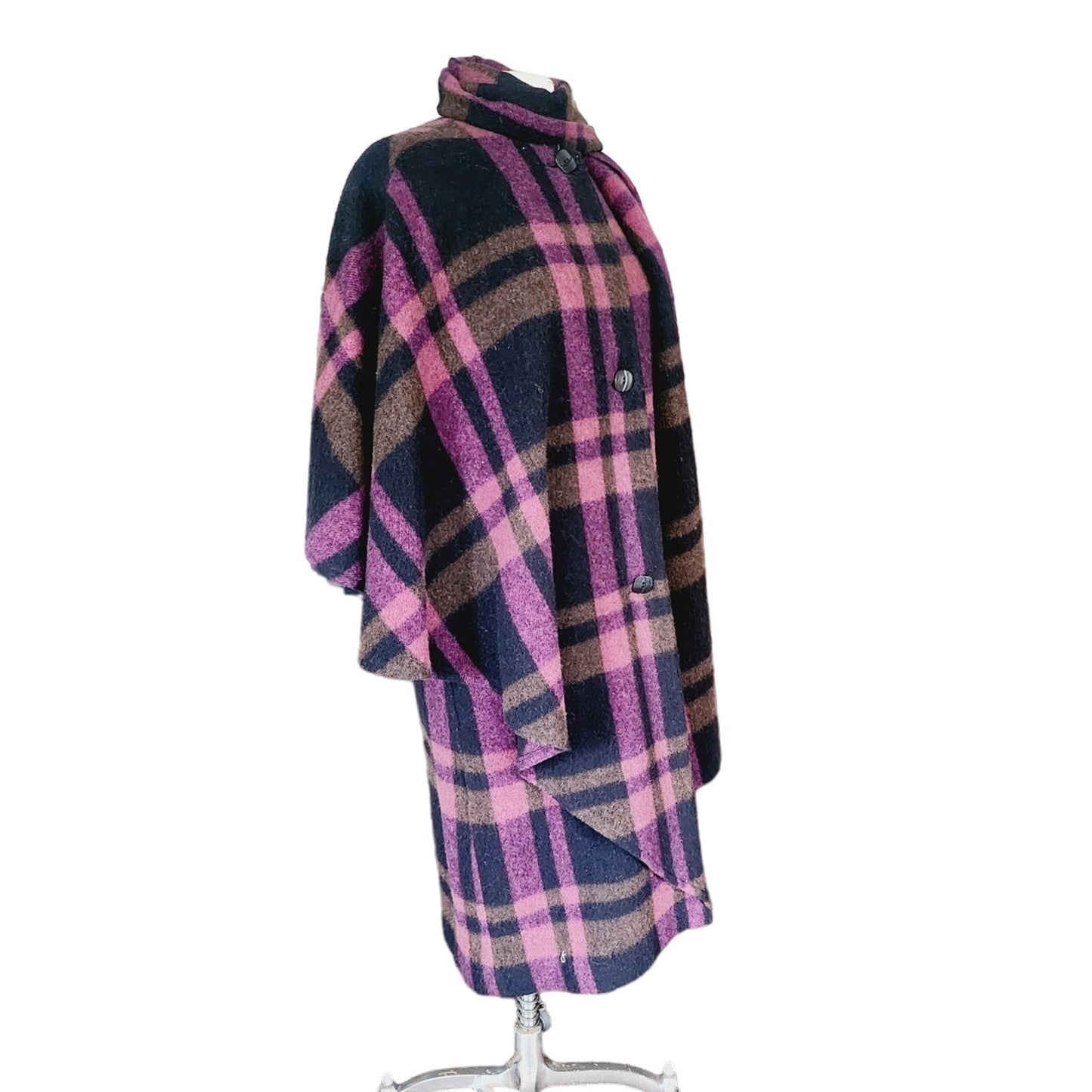 Vintage 90s Purple Wool Plaid Poncho Cloak Coat w/Scarf