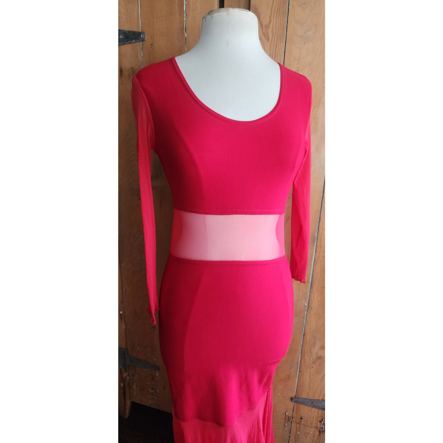 Vintage 90s Red Party Dress Long Bodycon Sheer Panels / Halla / S