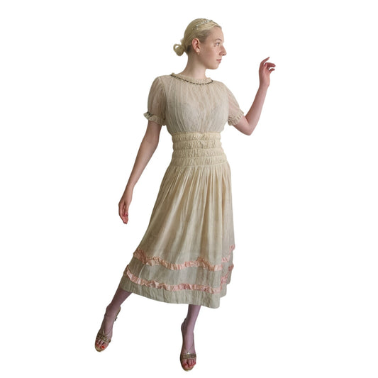 Vintage 1930s Cream Silk Dress Lace & Rhinestone Embroidery