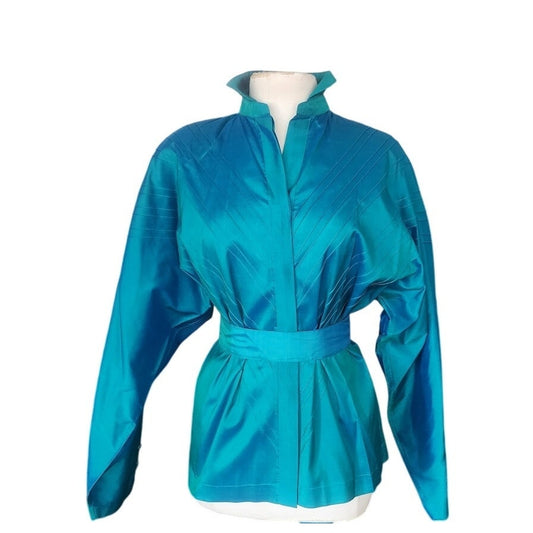 Vintage 80s Silk Blouse Electric Blue w/Pleats and Belt/Pussycat Bow / M