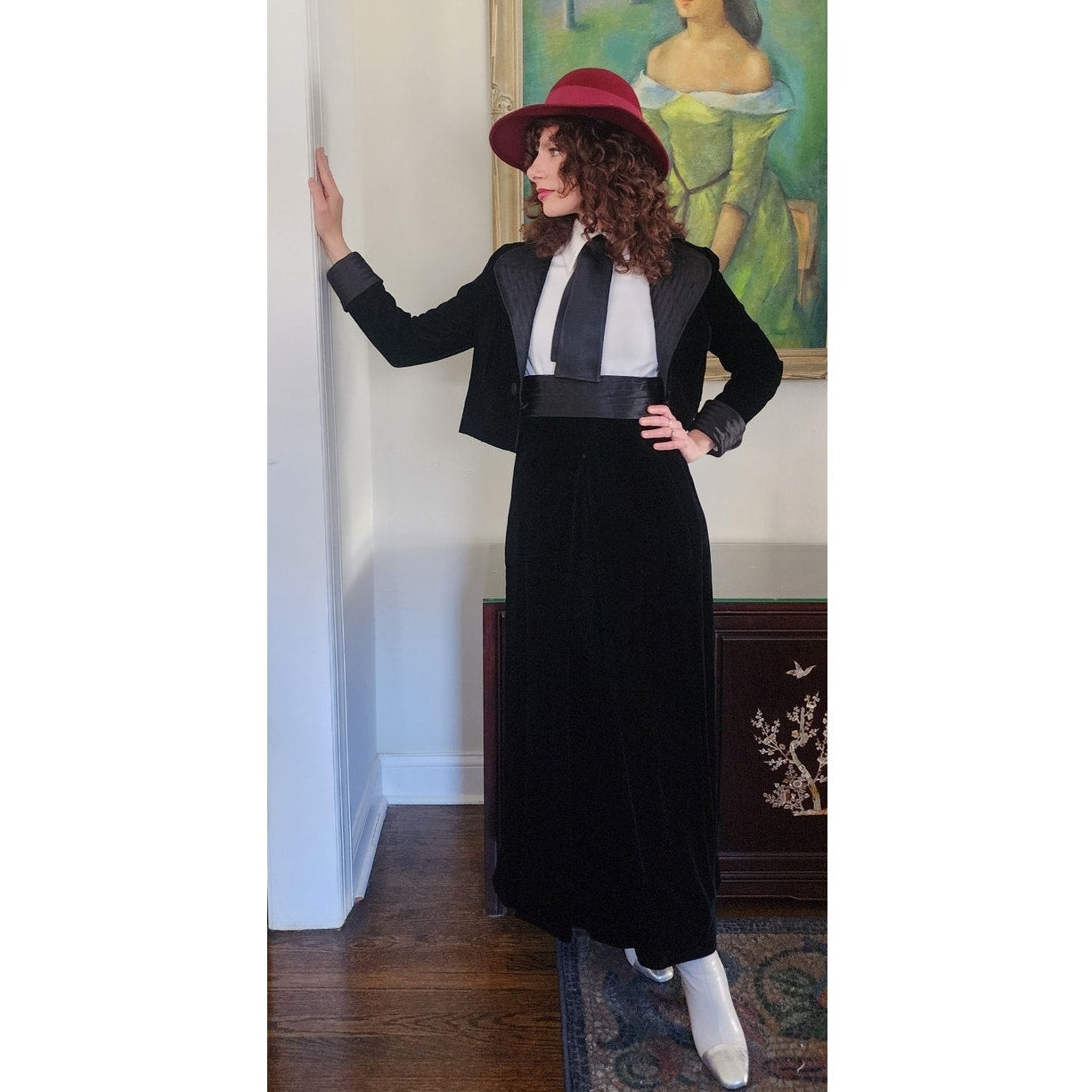 Vintage 70s Tuxedo Style Maxi Dress + Jacket Set Black Velvet Joseph Stein Muriel Reade
