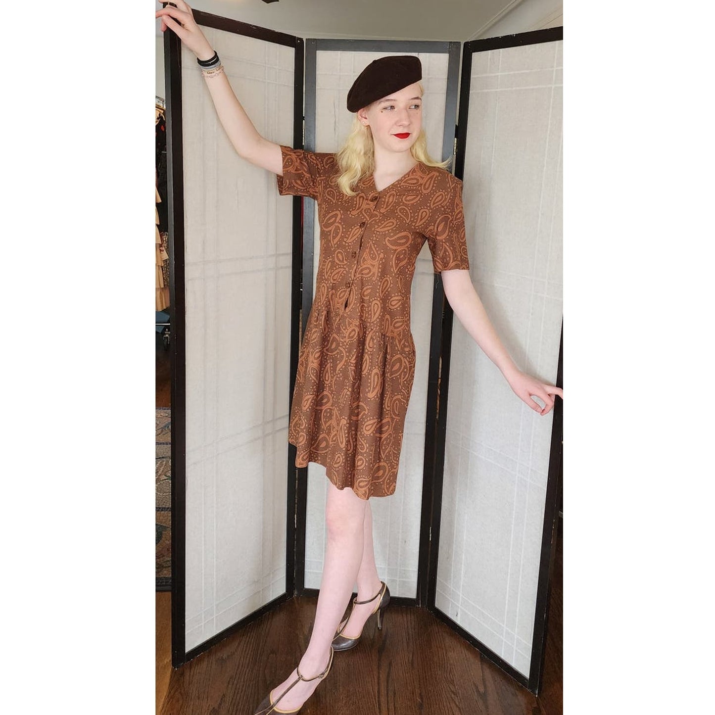 Vintage 60s Cotton Dress Brown Paisley Print Drop Waist