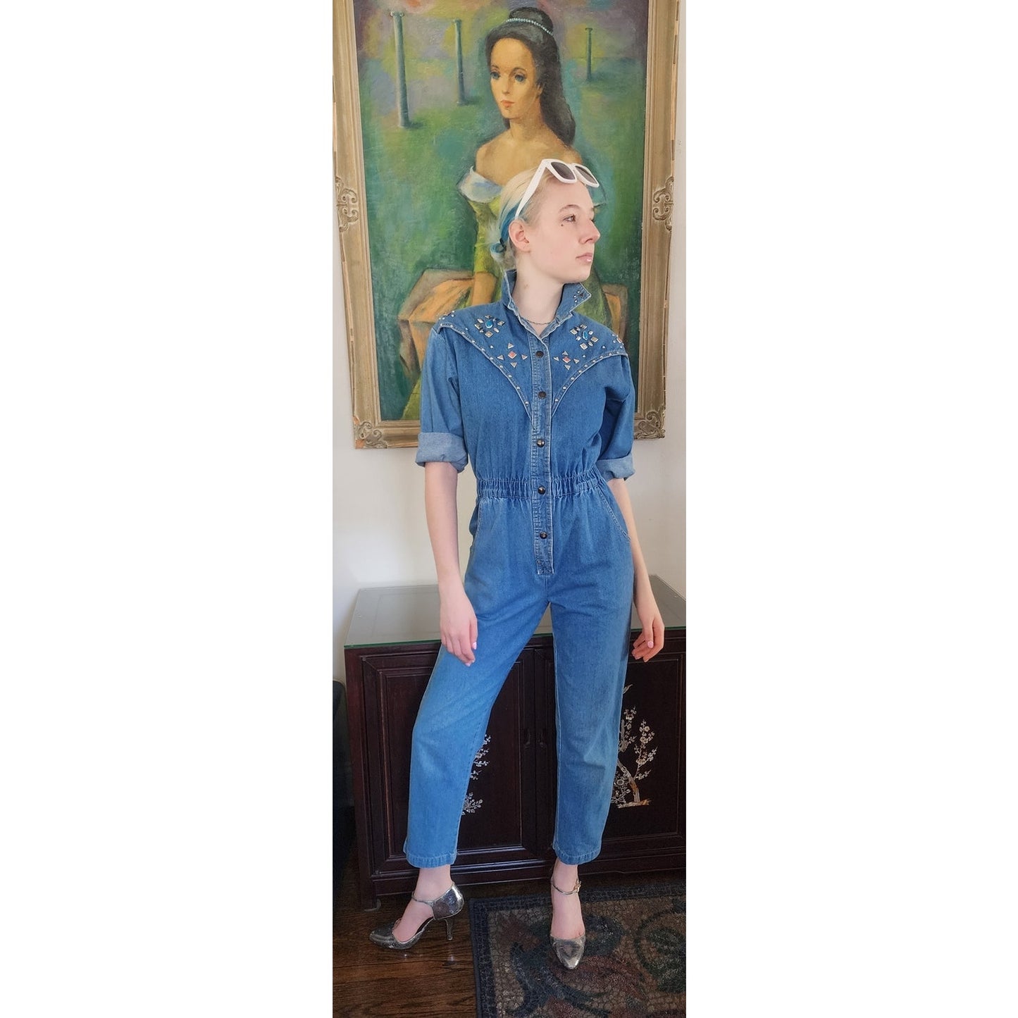 Vintage 80s Denim Jumpsuit w/Silver Studs Elastic Waist / Small