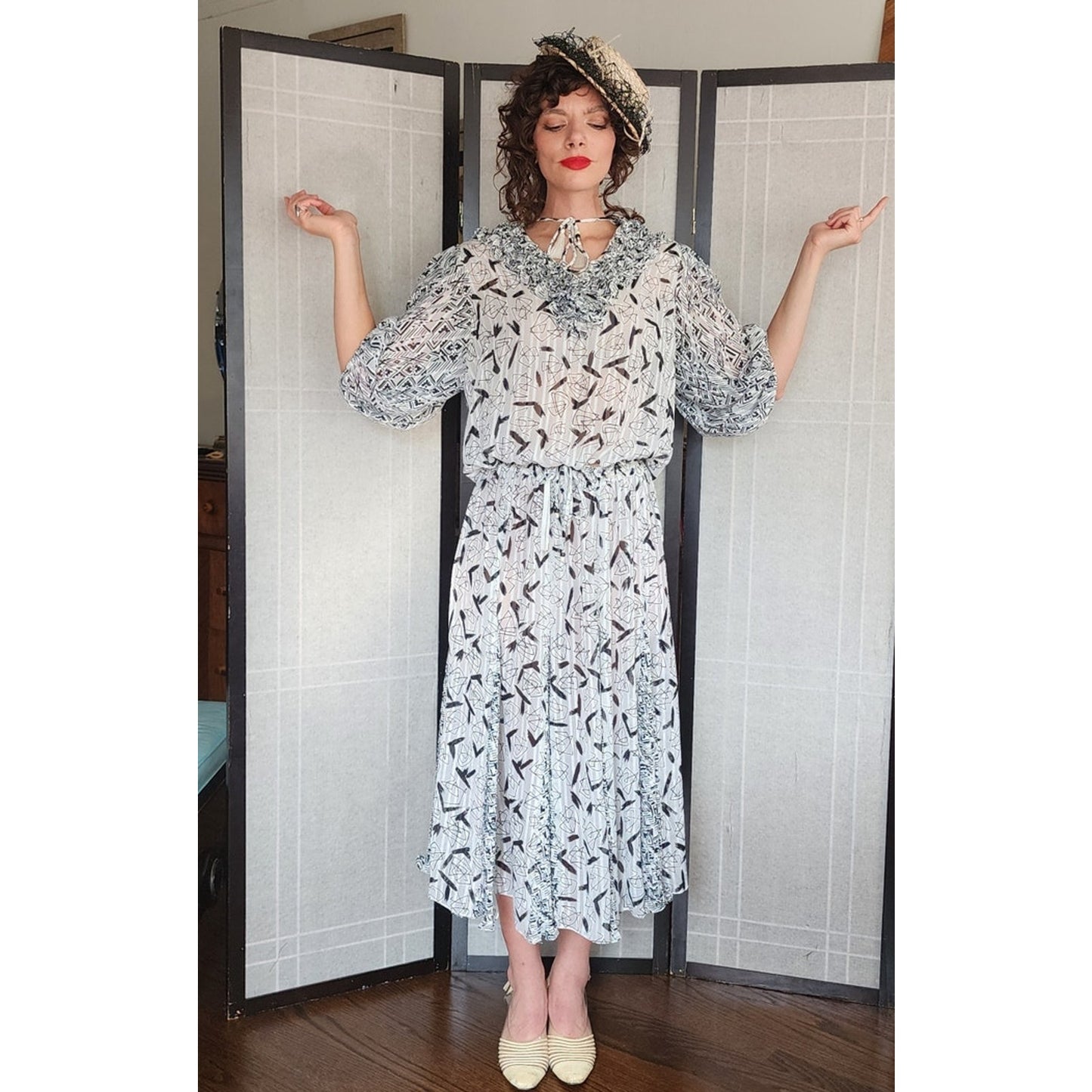 Vintage 1980s Diane Freis Fishtail Skirt Blouse Set Black White Georgette Graphic Print