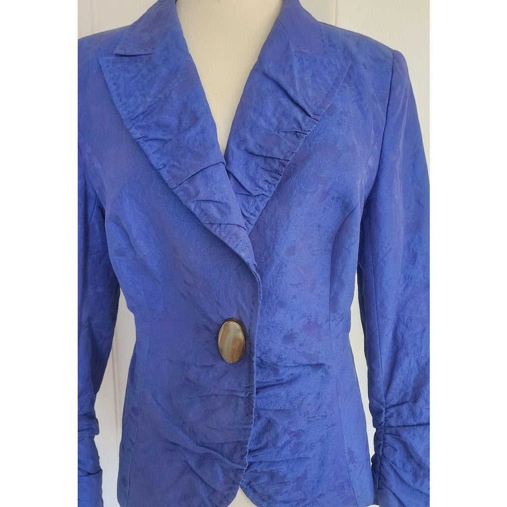 Vintage Escada Blue Blazer Printed Silk w/Agate Stone Button / L