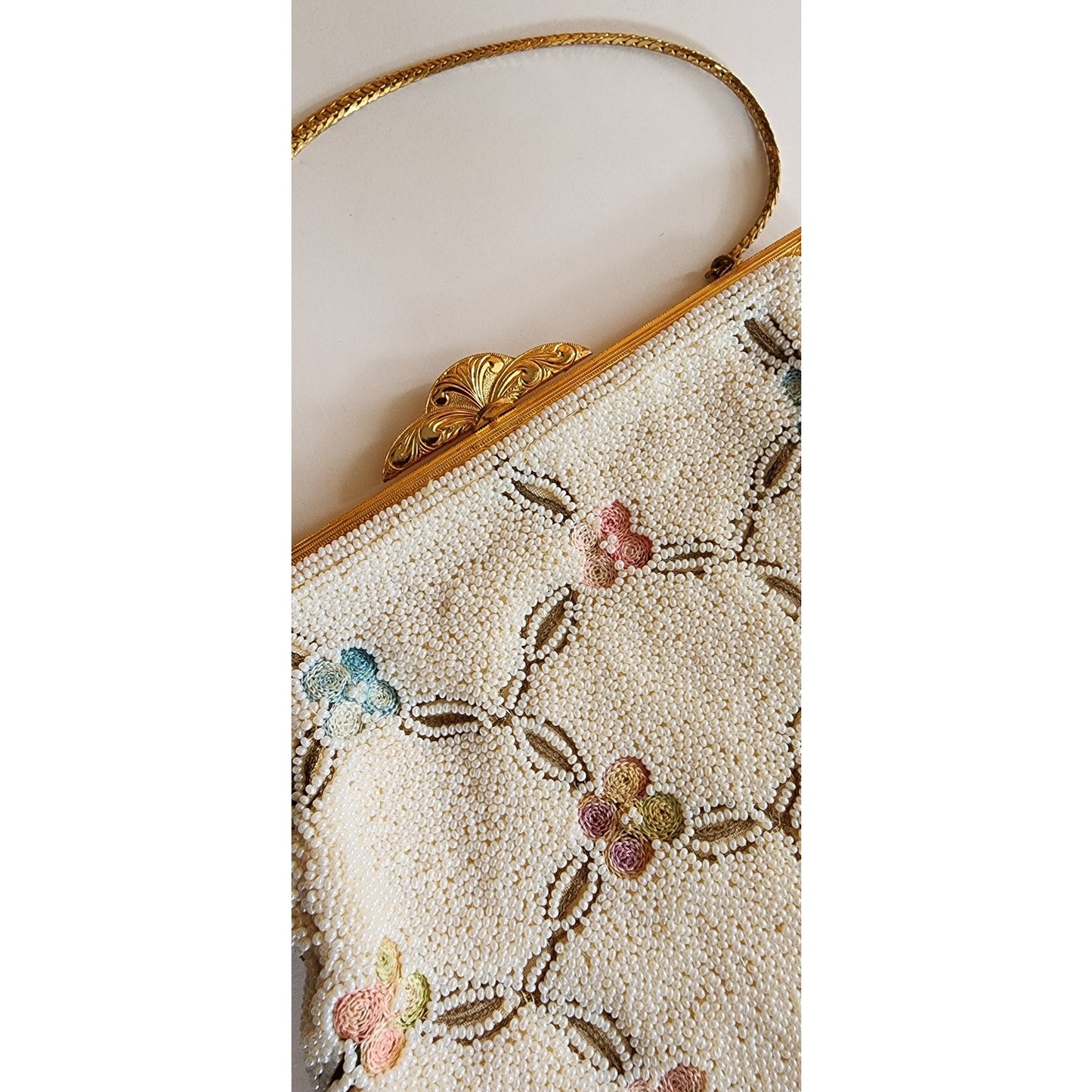 Vintage 50s Evening Bag White Beads Floral Embroidery Walborg