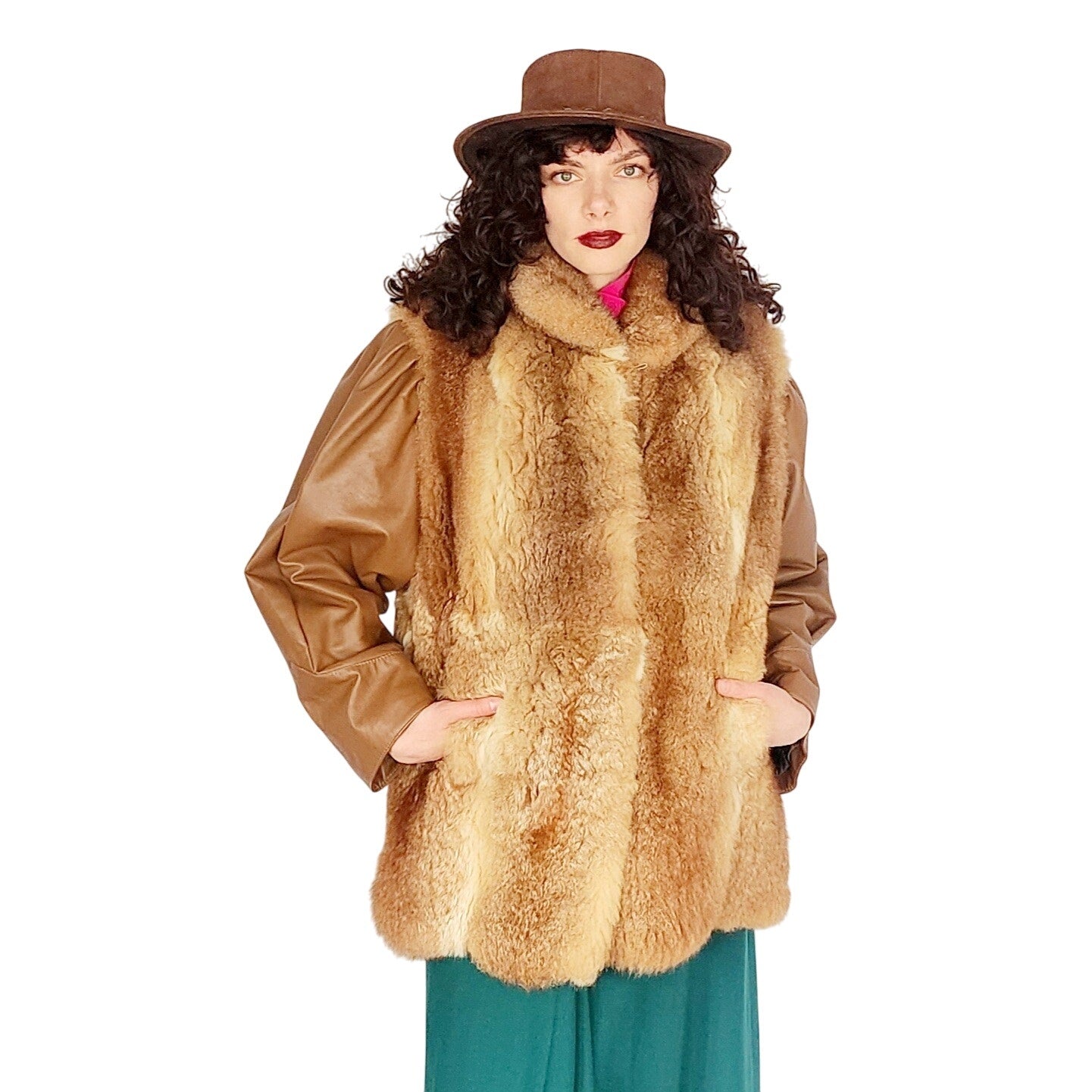 1970s Brown Leather Jacket w/Possum Fur Boho / Large