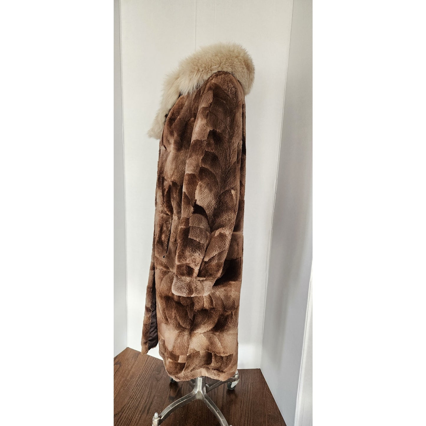 Vintage 80s Patchwork Fur Coat Sheared Beaver Blue Fox Collar