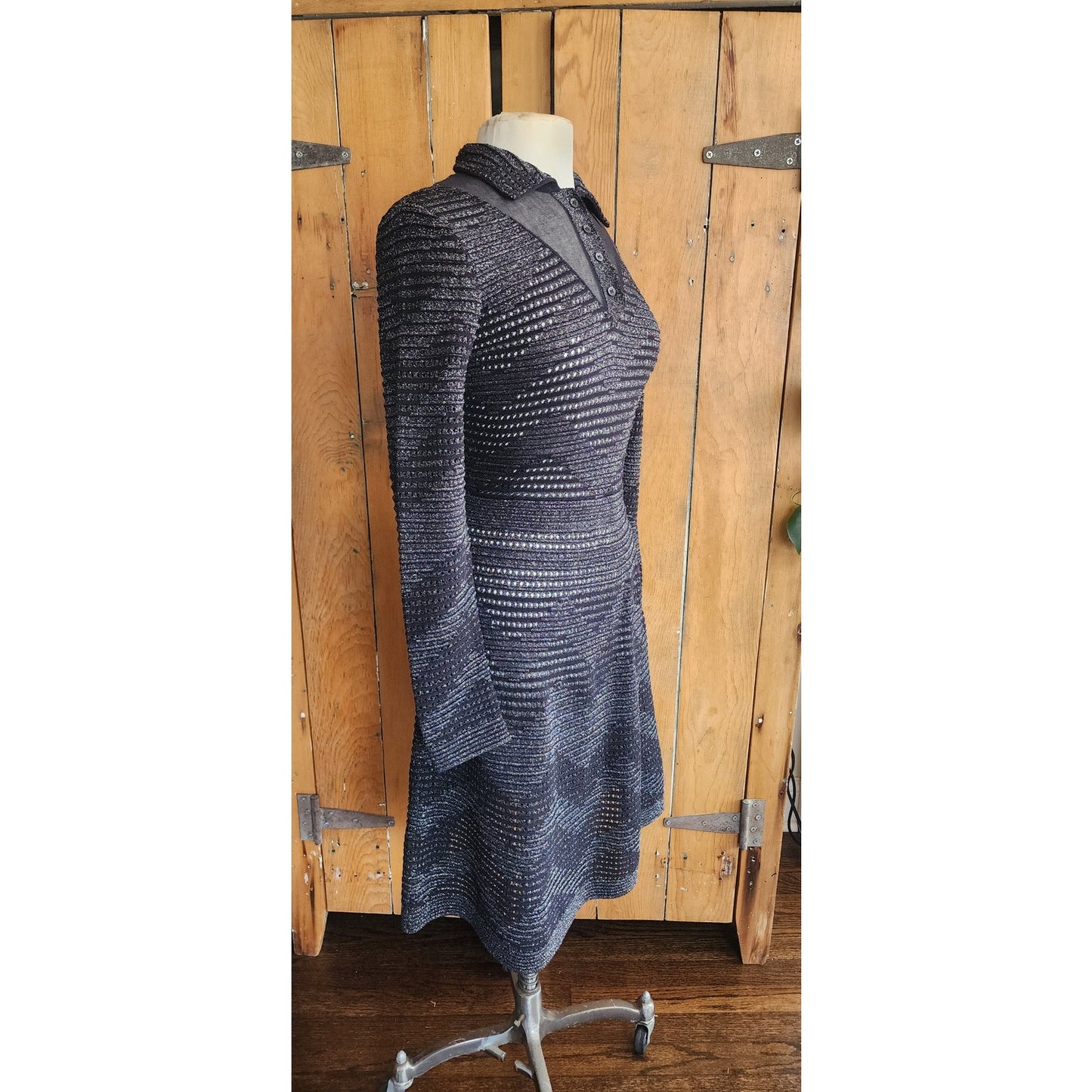 Vintage MISSONI Knit Dress Metallic Black Midi Length Stretchy / S-M