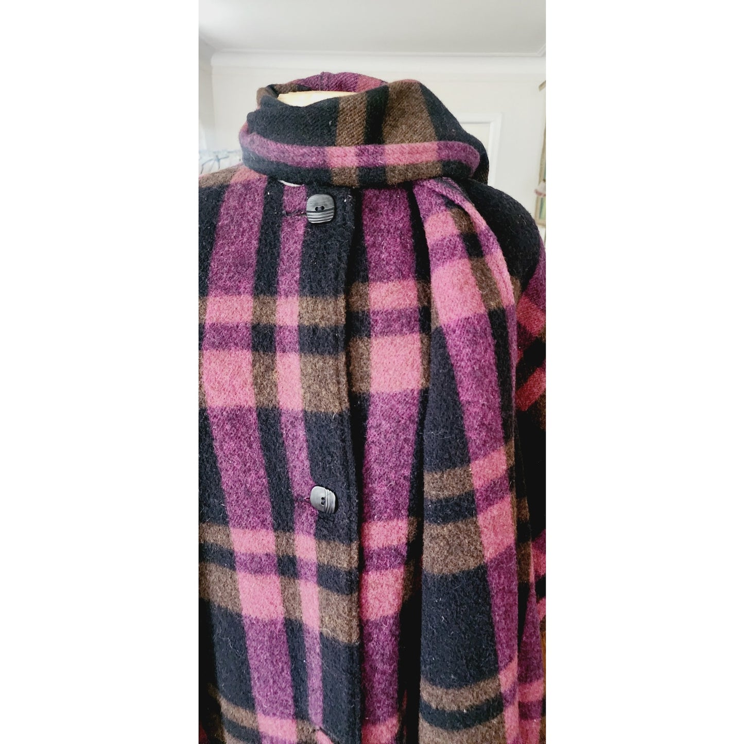Vintage 90s Purple Wool Plaid Poncho Cloak Coat w/Scarf