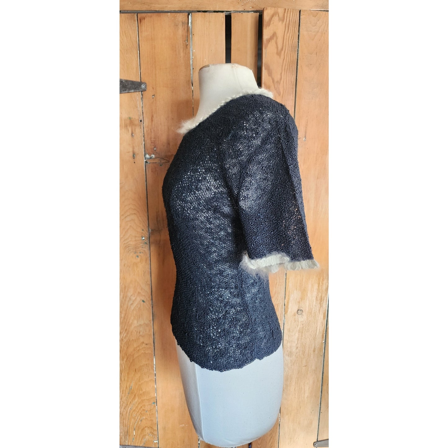 Vintage 50s Knit Top Navy Blue w/ Cream Crochet Trim Scotch Wool Shop / S