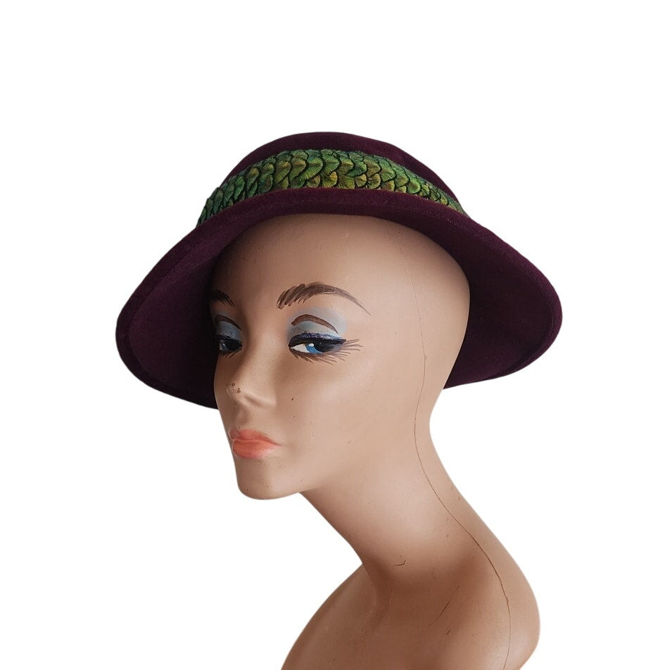 Vintage 60s Purple Velvet Hat Fedora w/Green Feathers by Paulette