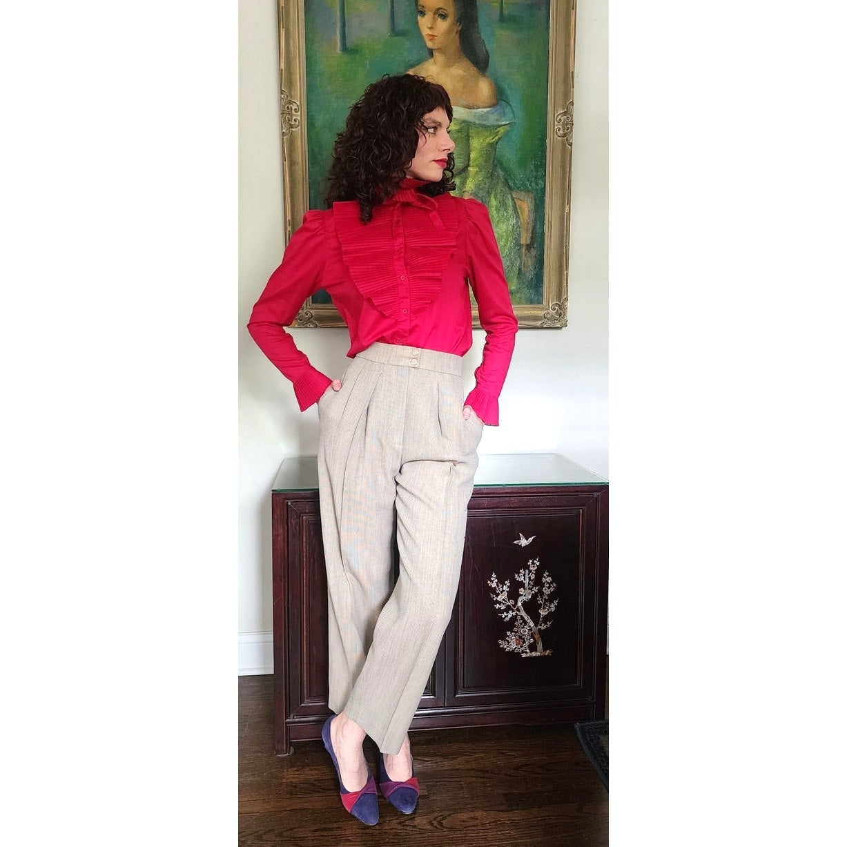 Vintage 80s Fuschia Blouse Ruffled Front Shirt 1 Park Ave