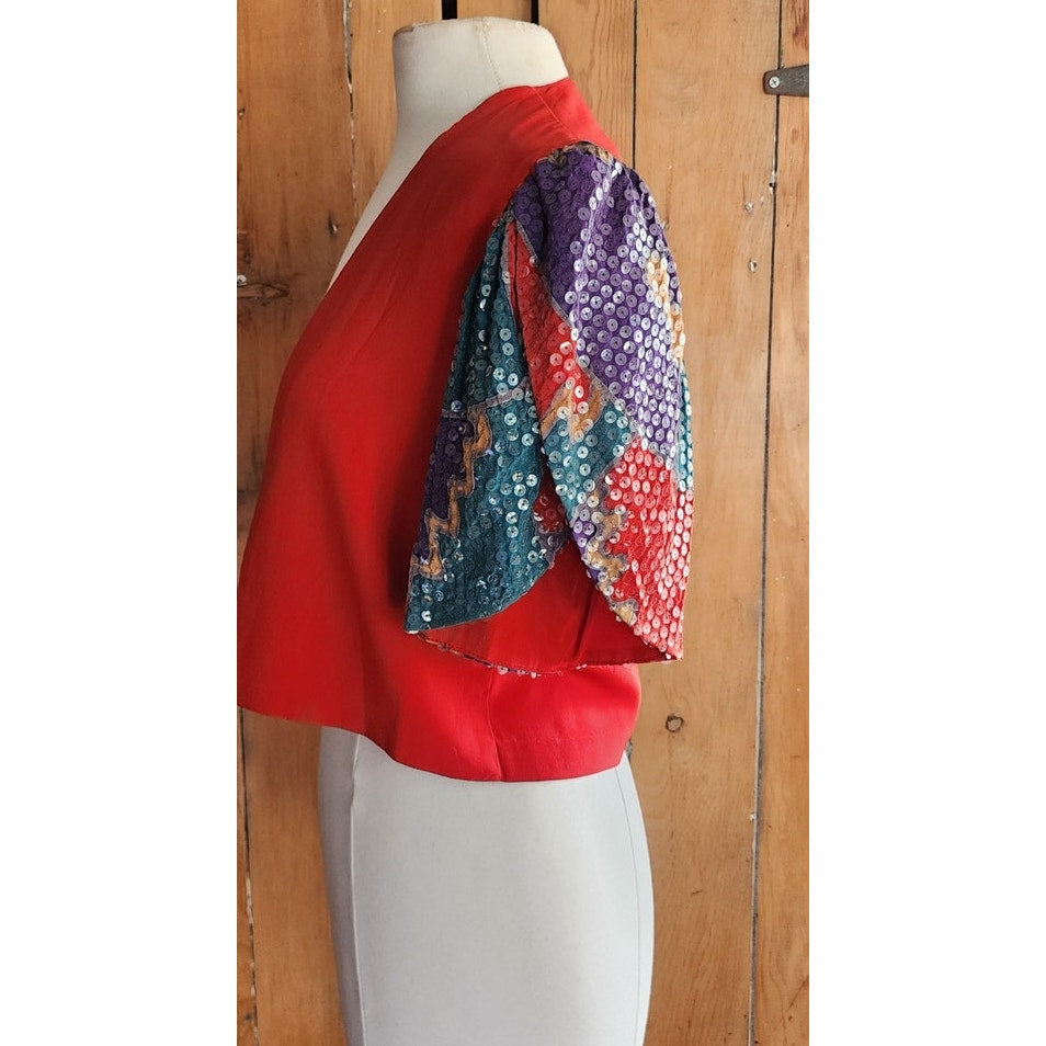 80s Cropped Jacket Red Silk + Sequined Sleees Sansappelle