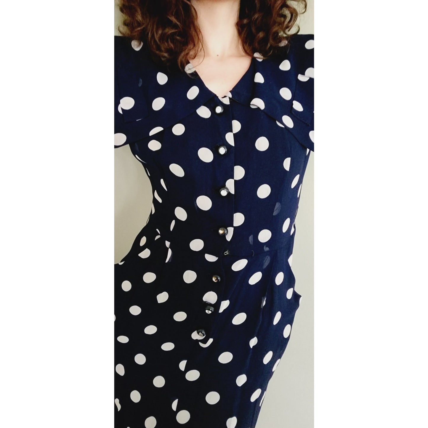 Vintage 40s Rayon Print Dress Navy Blue Polkadot S