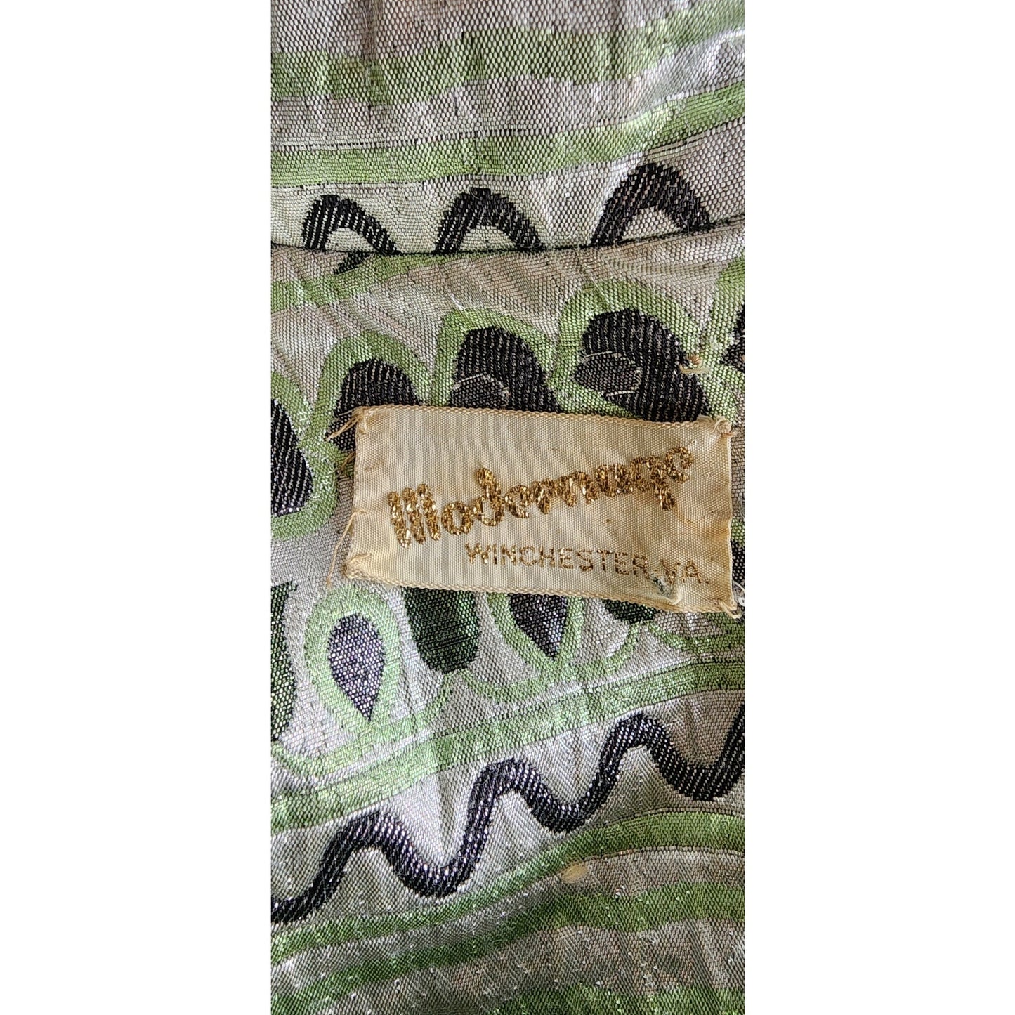 Vintage 60s Brocade Dress Silver Green Metallic Psychedelic Print