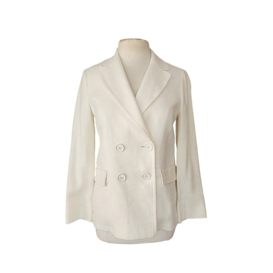 'S MAX MARA Double-breasted Pea Jacket in White Linen Blend
