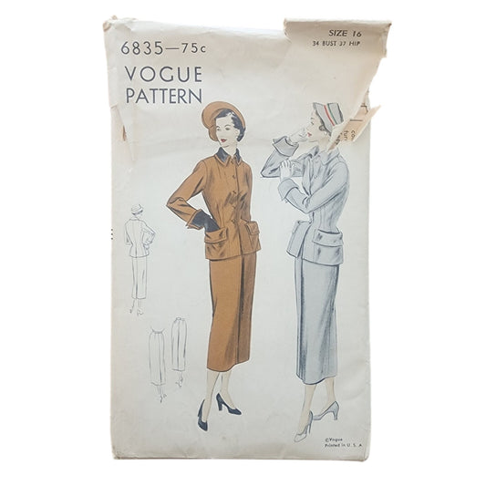 Vintage 1940s ORIGINAL Sewing Pattern Skirt Suit Vogue Pattern 6835 34 Bust