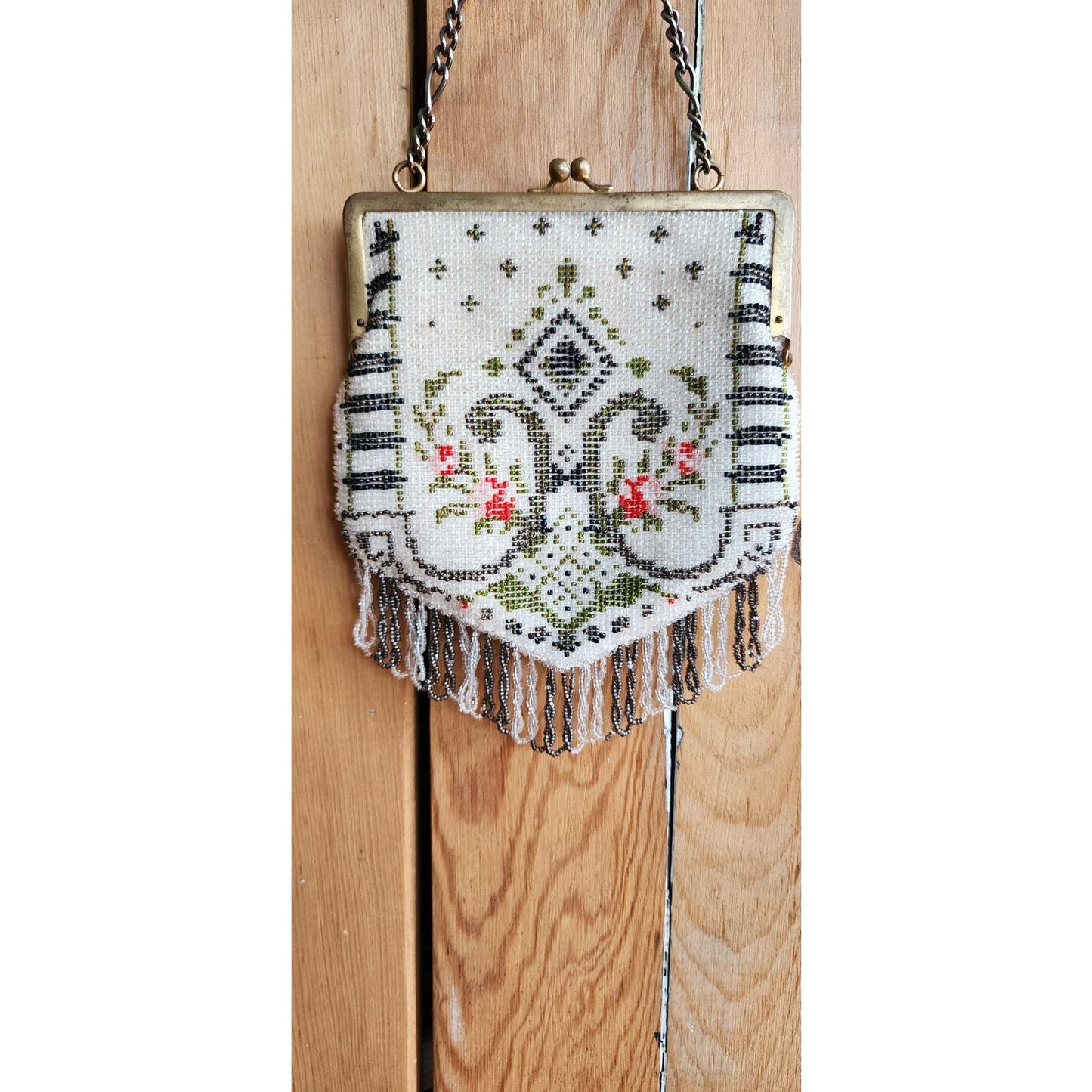 Vintage Beaded Bag Art Deco Style Glass Bead Purse Fringed